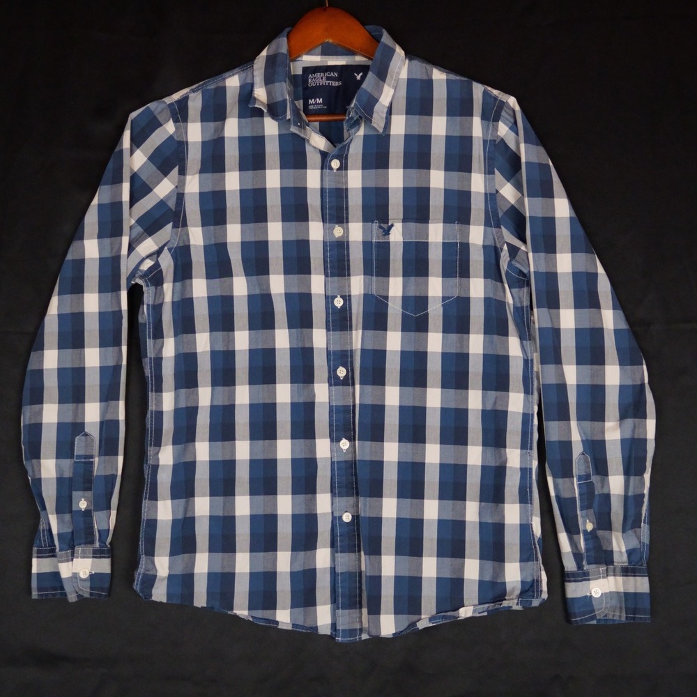 American Eagle Shirt Mens M Blue Gingham Plaid Long Sleeve Button Down Cotton